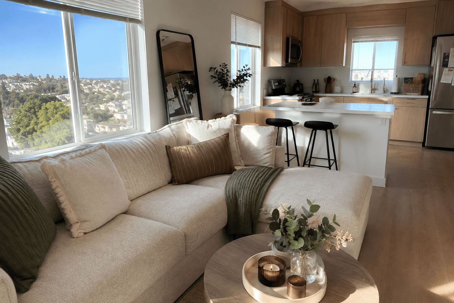 Freshly reset modern apartment with a bright living room and kitchen.